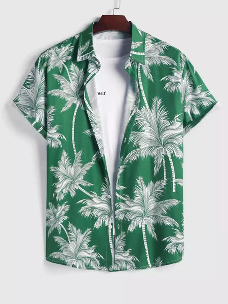 Camisa de lapela masculina de manga curta, estilo havaiano, padrão tropical de coqueiro, tops grandes, férias de verão