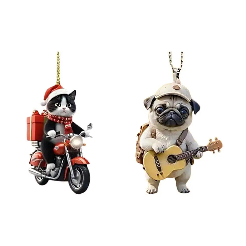 Motocicleta gato acrílico pendurado decoração árvore de natal carro 2d plana equitação gatinho pendurado ornamento dos desenhos animados pingente para natal