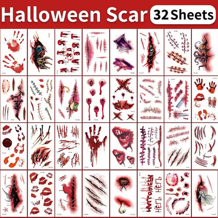 32 peças tatuagens temporárias de cicatriz falsa 3D de Halloween - designs de feridas sangrenas e zumbi para rosto/corpo, festa de fantasia, brincadeira e cosplay ?