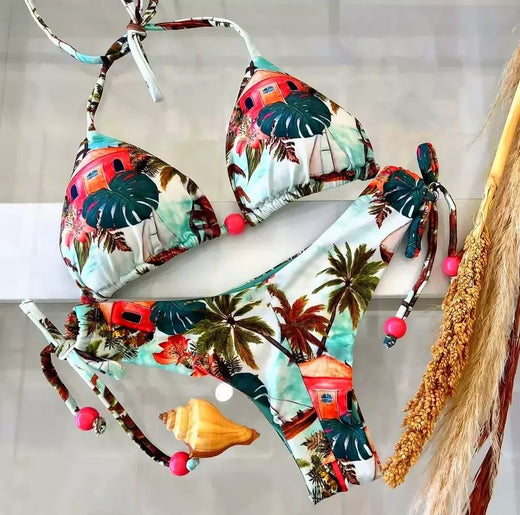 OIINAA-maiô sexy para mulheres, moda praia estampa halter, conjunto de biquíni com renda, maiô verão, moda praia sexy com cordão, 2 peças