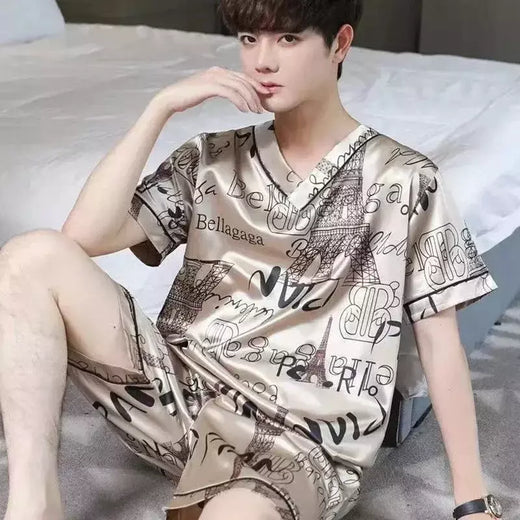 Conjunto de pijama de seda gelo manga curta masculino, pijama casual fino de simulação, tamanho grande, roupa para casa, verão, 2 peças