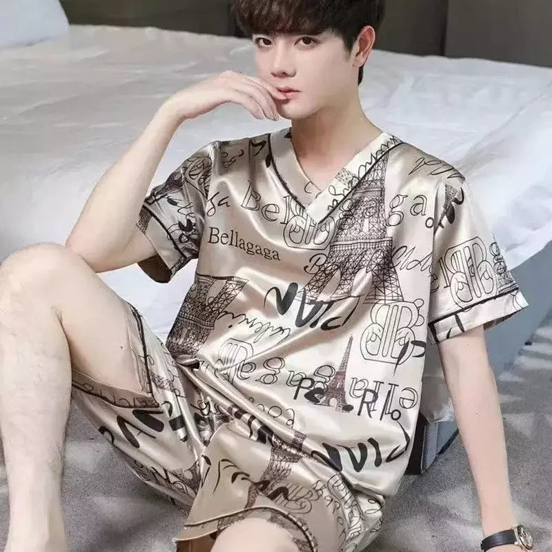 Conjunto de pijama de seda gelo manga curta masculino, pijama casual fino de simulação, tamanho grande, roupa para casa, verão, 2 peças