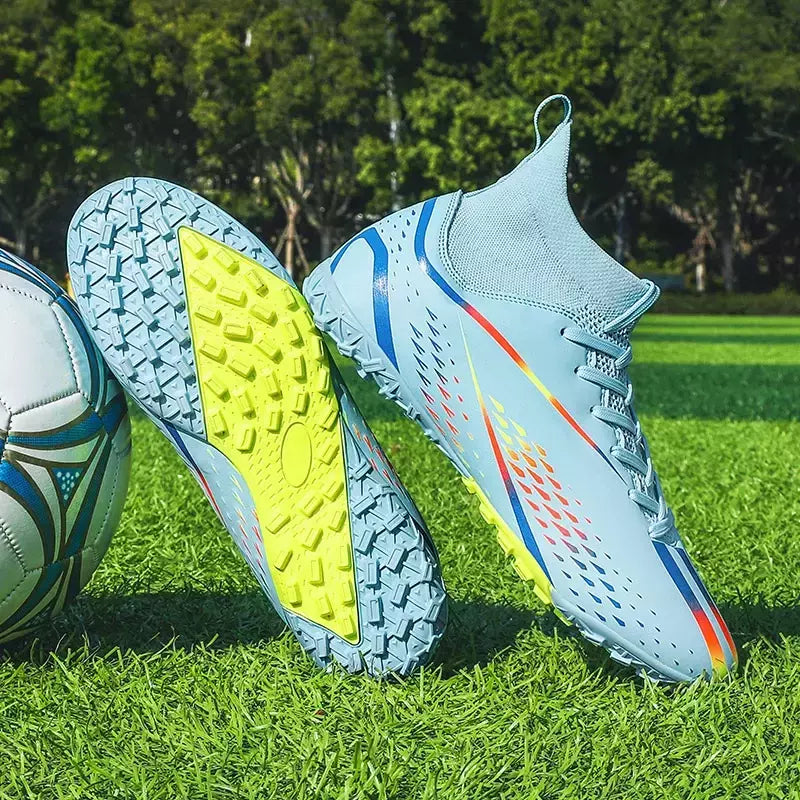 Botas masculinas de futebol longas, sapatos de futebol ao ar livre, grampos internos, futsal confortável, confortável antiderrapante, FG, TF, fósforo para meninos