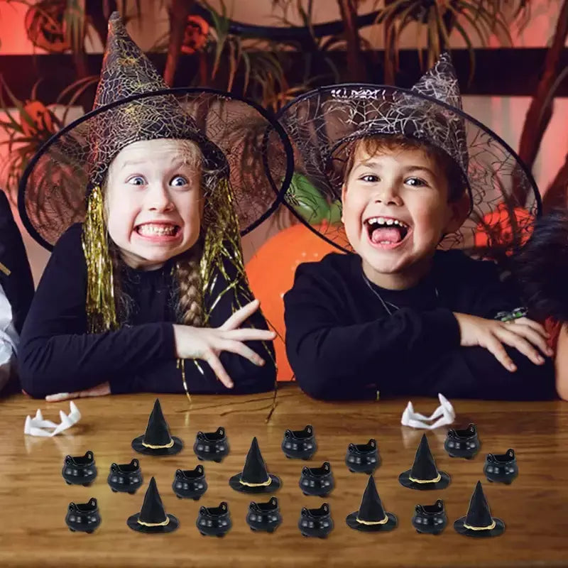 10 pçs halloween bruxa chapéu decorações chapéus em miniatura caldeirão potes chaleira ornamento festa de halloween decoração para casa diy artesanato