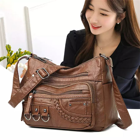 Bolsa de bolso multi couro PU vintage feminina, bolsas de ombro transversais femininas, bolsas de design de luxo, alta qualidade, 2023