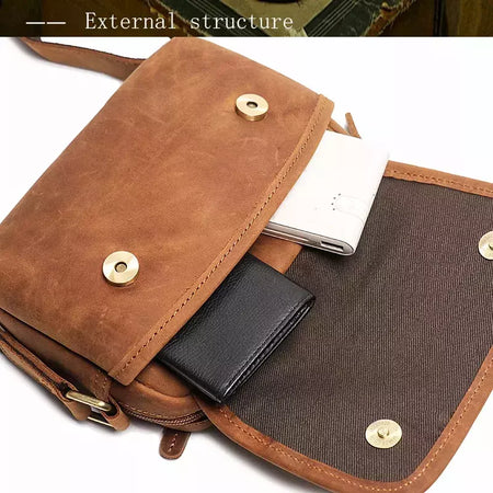 Bolsa de ombro retrô de couro genuíno masculina, grande capacidade, bolsa transversal diagonal, bolsa pequena para iPad, cavalo louco
