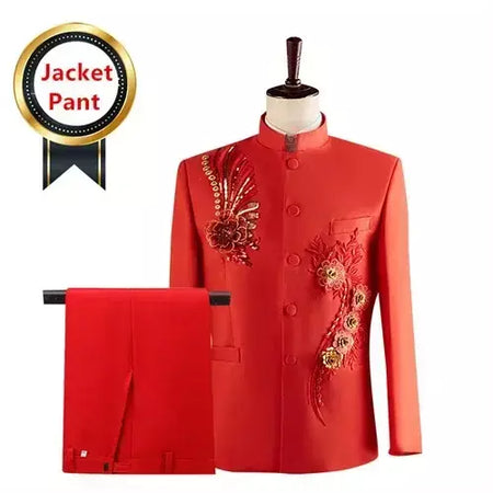 (Jaqueta + calça) moda masculina palco desempenho vestido ternos 2025 novo masculino estilo chinês levante-se colarinho decalque blazer e calças