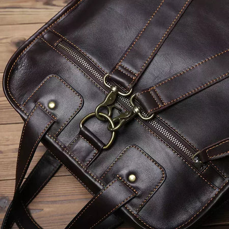 Maleta de couro retrô para homens, couro natural, bolsa vertical, bolsa de ombro casual, mochila masculina, adequada para laptop de 15 ", NZPJ