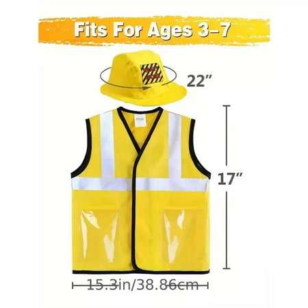 Traje de colete de trabalhador de construção infantil, conjunto de jogo de 5 peças de trabalhador, colete reflexivo amarelo com ferramentas, vestido de festa