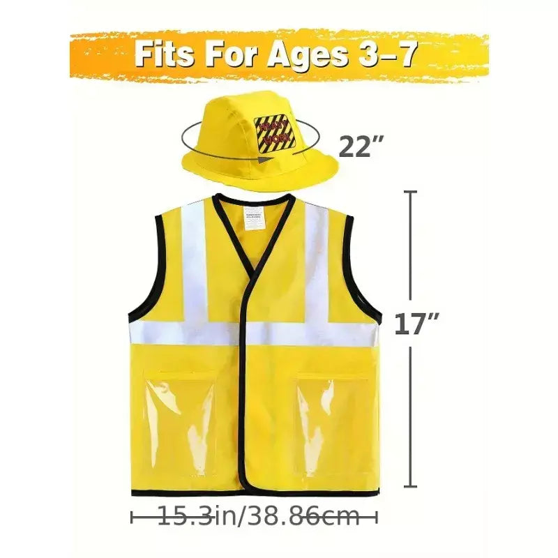 Traje de colete de trabalhador de construção infantil, conjunto de jogo de 5 peças de trabalhador, colete reflexivo amarelo com ferramentas, vestido de festa