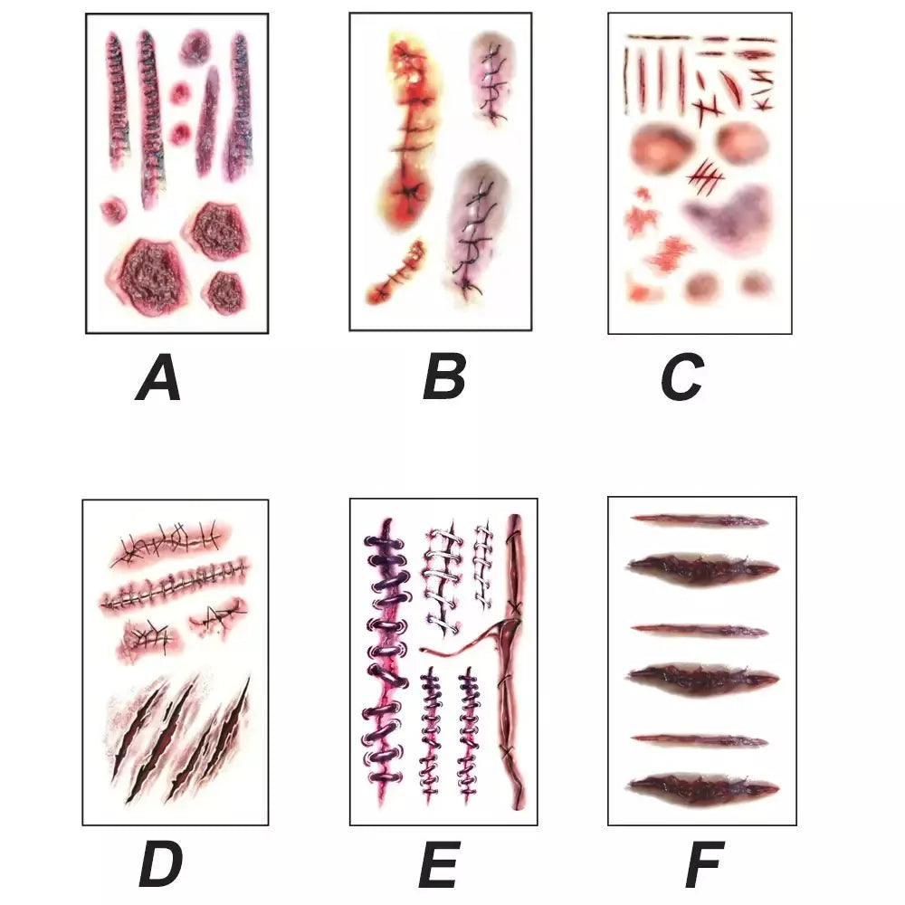 5/10/20 pçs halloween cicatriz tatuagem temporária adesivos 3d falso cicatriz tatuagens adesivo vermelho sangue coágulo rosto tatuagem à prova dwaterproof água cosplay g
