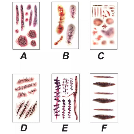 5/10/20 pçs halloween cicatriz tatuagem temporária adesivos 3d falso cicatriz tatuagens adesivo vermelho sangue coágulo rosto tatuagem à prova dwaterproof água cosplay g