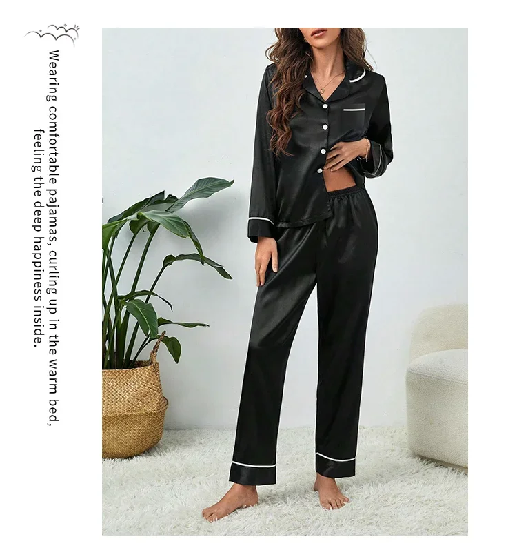 Pijama de seda gelo de mangas compridas feminino, tamanhos grandes, monocromático, casual, solto, preto, botões macios, cardigã, roupa de casa, pijamas, outono, inverno