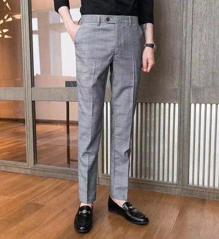 Xadrez masculino anti-rugas calças cortadas, roupas de grife casual, terno masculino reto, verão, fino, barato, designer, cheque, 9