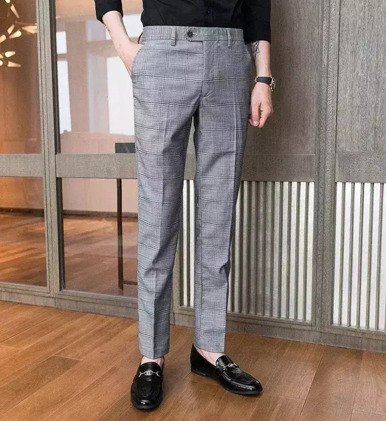 Xadrez masculino anti-rugas calças cortadas, roupas de grife casual, terno masculino reto, verão, fino, barato, designer, cheque, 9