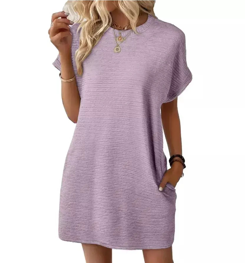 2026 robe femmes soiree manga curta em torno do pescoço mini vestido de cor sólida das mulheres bolso novo solto escritório deslocamento versátil vestido