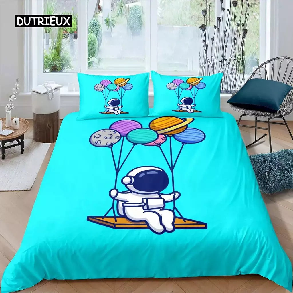 Conjunto de cama para meninos da aviação dos desenhos animados, astronauta Duvet Cover, Blue Sky Dream Quilt Cover, gêmeo, único, tamanhos duplos, fronha