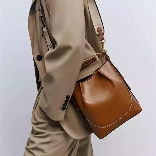 ZA Bolsa de Boca Plissada Marrom para Mulheres, Bolsa de Balde de Transporte, Al