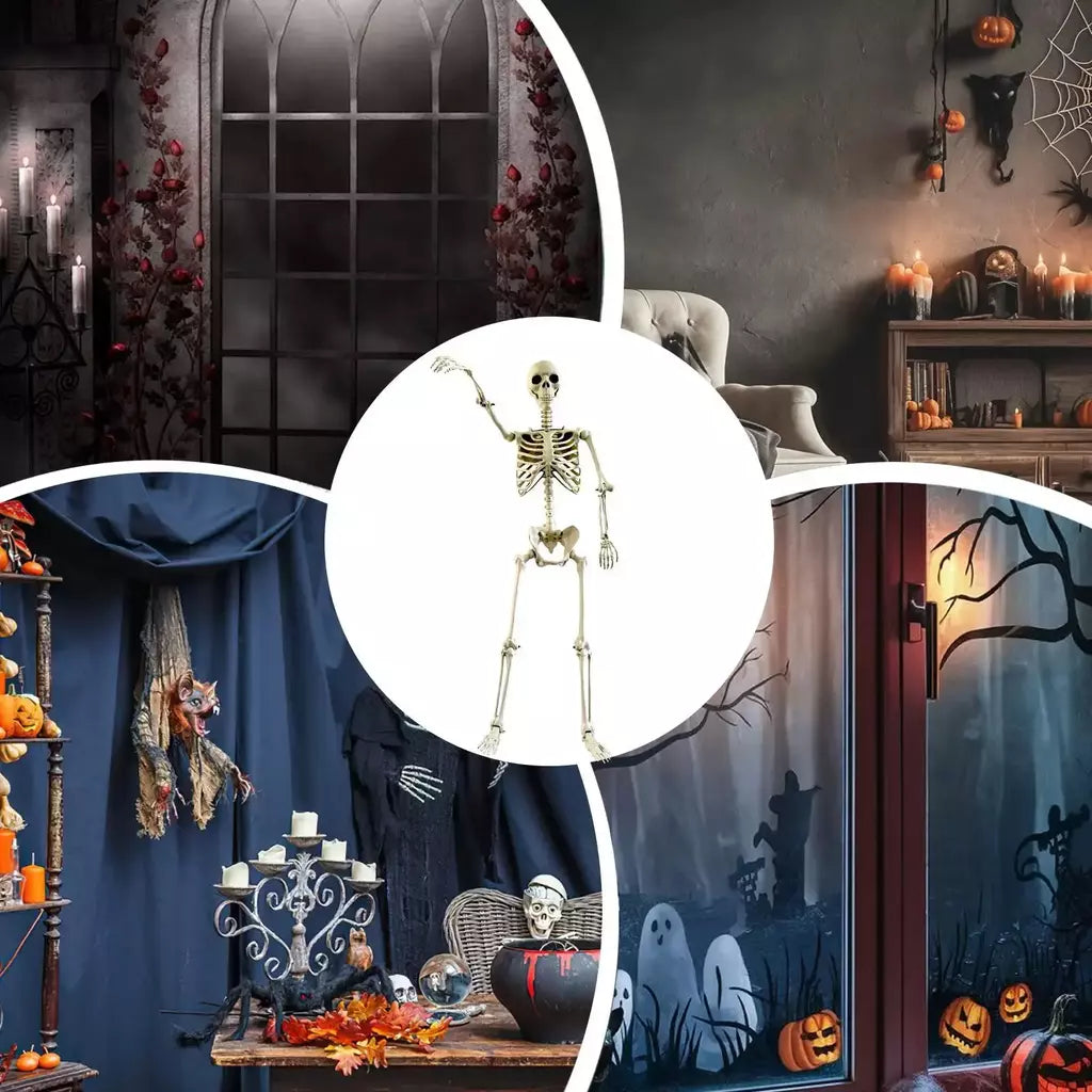 Esqueleto de halloween em tamanho real, esqueleto humano com articulações posáveis, resistente às intempéries, decoração de jardim, adereços fotográficos assustadores para feriados