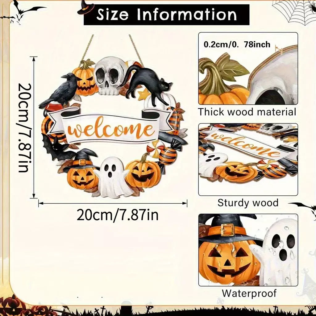 Novo sinal decorativo de madeira 2d de halloween com abóbora de gato preto e fantasma-design "bem" para pendurar na porta decoração de festival fantasma