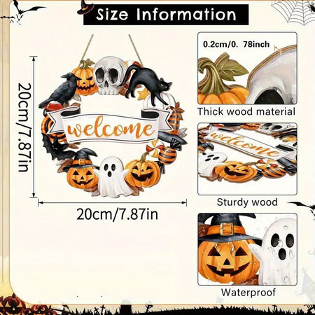 Novo sinal decorativo de madeira 2d de halloween com abóbora de gato preto e fantasma-design "bem" para pendurar na porta decoração de festival fantasma